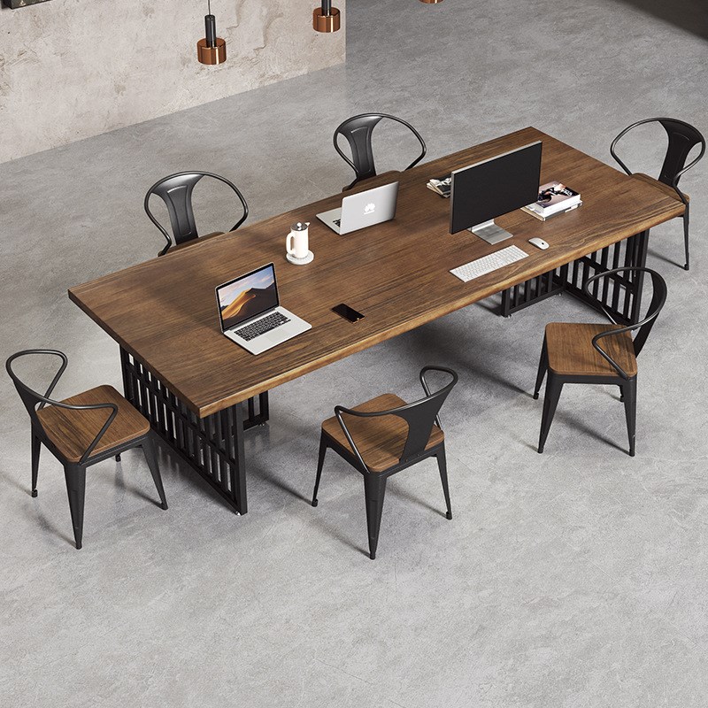 实木会议桌长条桌工业风办公室家具长方形大桌子复古洽谈桌椅组合