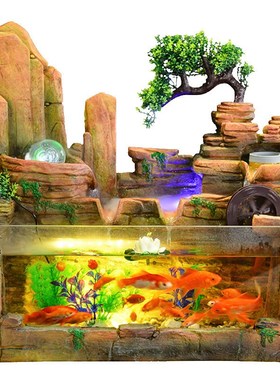 假山流水喷泉鱼缸高山造景摆件客厅玄关招财水车养鱼池桌面装饰品