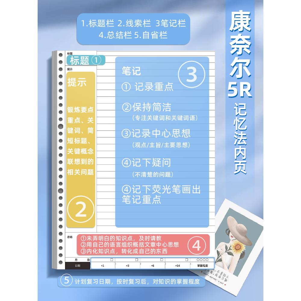 读书笔记本初中生专用康奈尔笔记本子活页5r高效学习记忆法b5方网