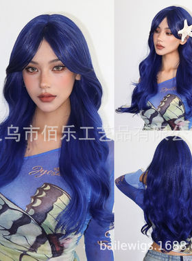万圣节假发cos蓝色八字刘海长卷发化纤全头套欧美热销wigs跨境