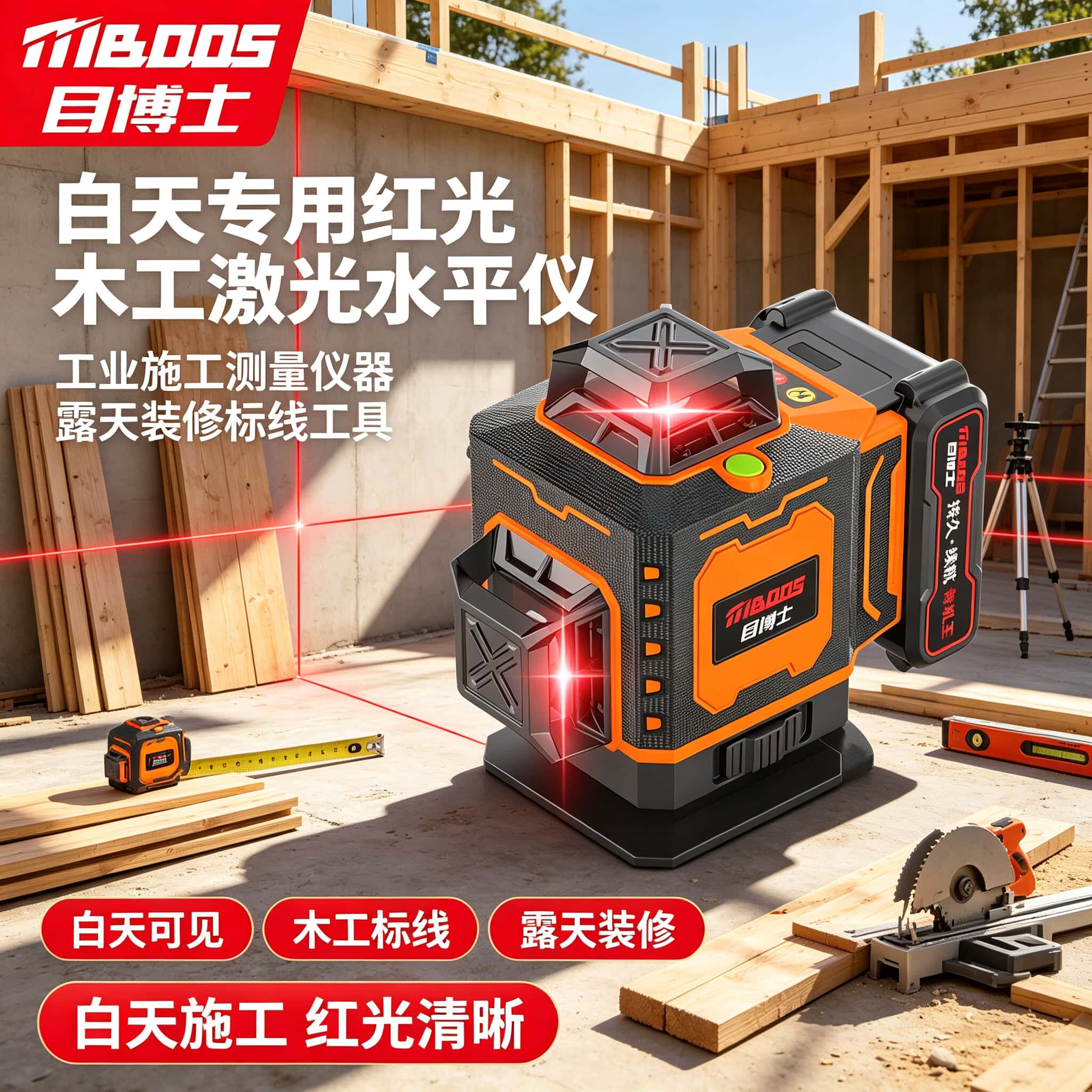 白天专用红光木工激光水平仪工业施工测量仪器露天装修标线工具