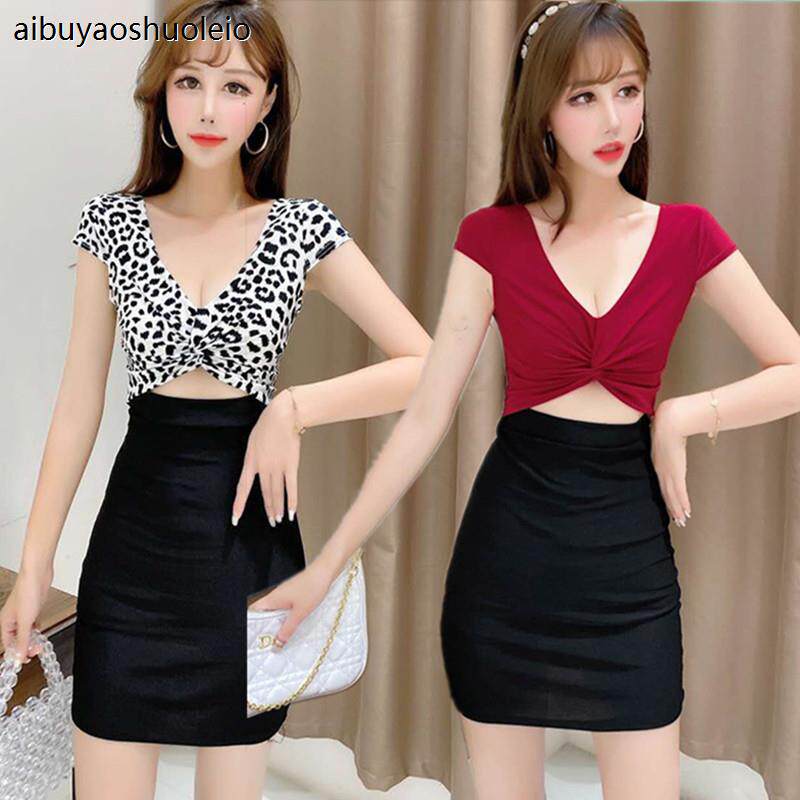 性感白色V领夜店酒吧露肚连衣裙夏工作服夜女装总会显瘦低胸裙子