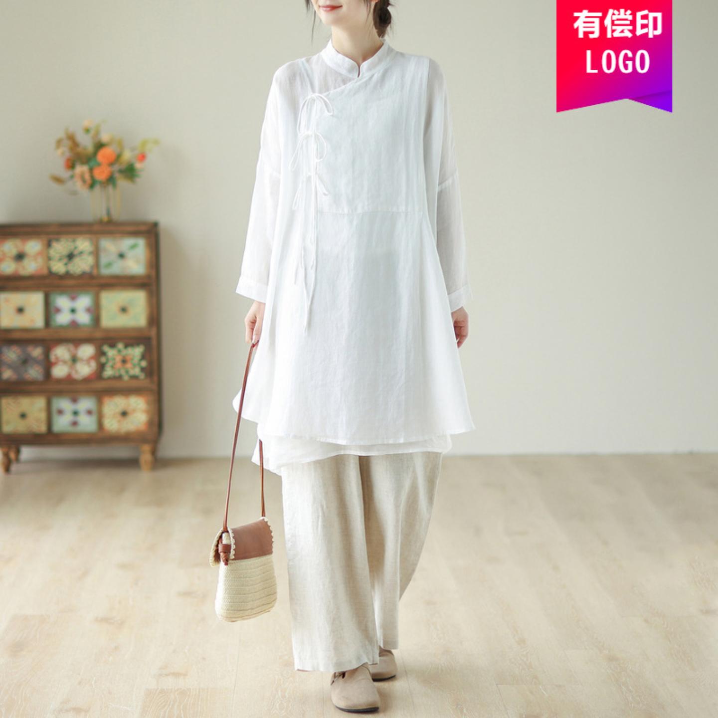 白色棉麻女宽松茶服中式佛系禅服