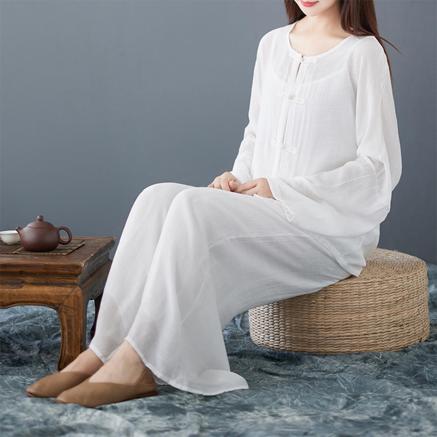 新中式国风禅意茶服套装女装白色