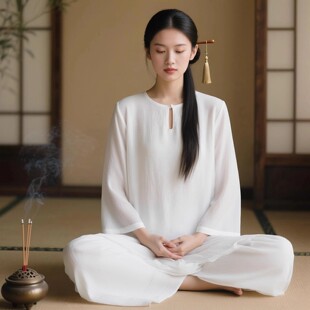 白色禅服仙气飘飘长袖中长款禅意佛系女装打坐冥想心灵疗愈师服装