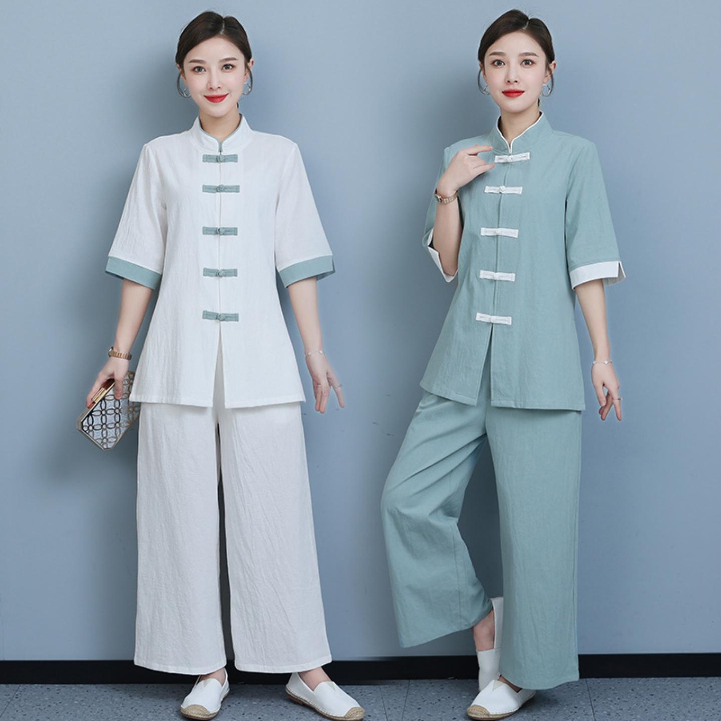 中医养生馆工作服女夏季唐装套装