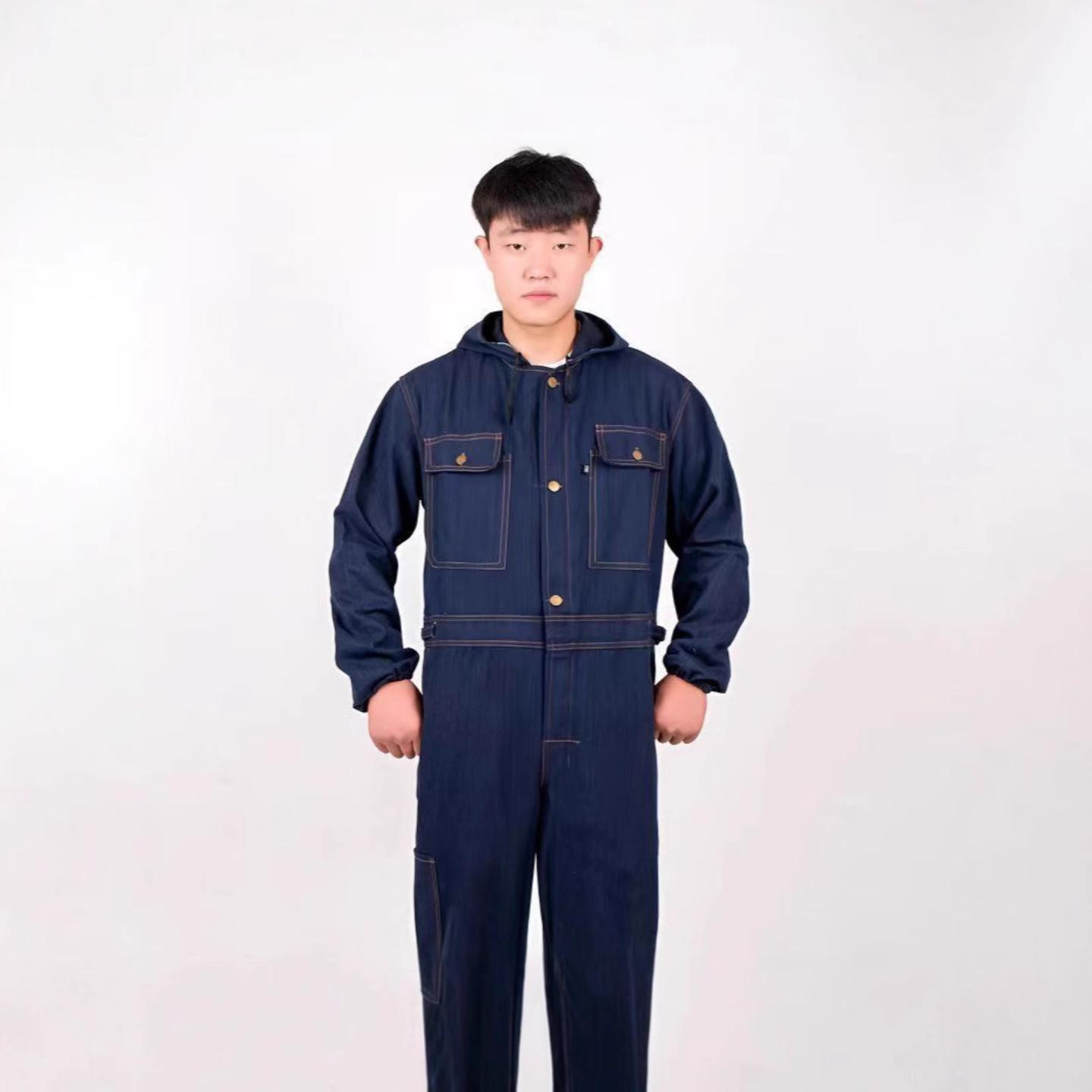 牛仔连体服带帽工作服男女防尘汽修厂电焊一体服套装工装长袖防护