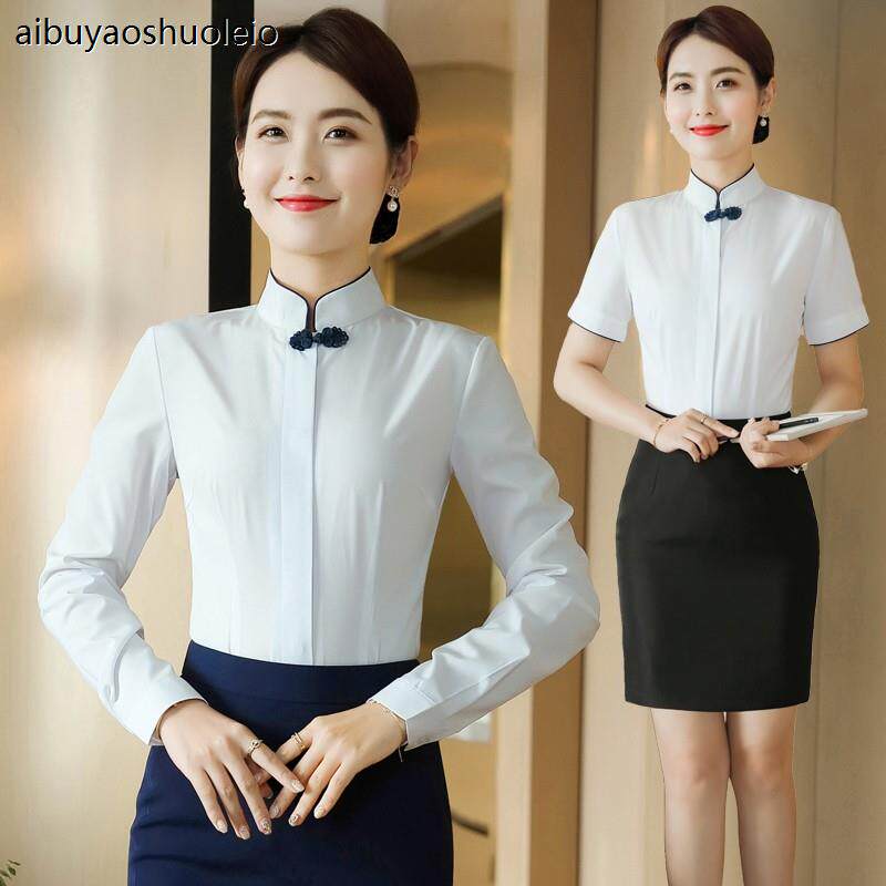 中国结立领盘扣白色长袖衬衫女饭店餐厅服务员酒店工作服短袖衬衣