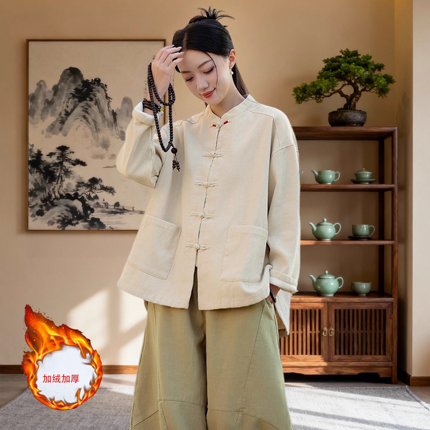 中医馆工作服养生馆棉麻加绒加厚