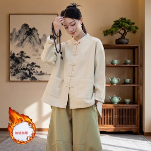 中医馆工作服养生馆棉麻加绒加厚唐装女装中国风年轻款新中式冬装
