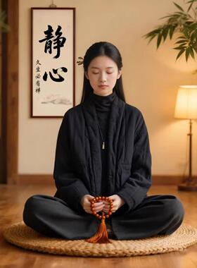 黑色打坐居士服女款夹棉外套禅意佛系风女装棉服冬季保暖棉袄套装