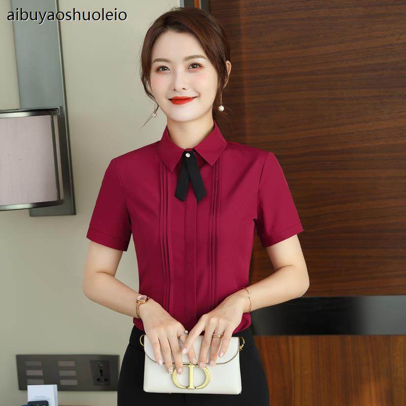 秋季酒店服务员工作服KTV前台接待工装酒红色长袖薄雪纺正装衬衫
