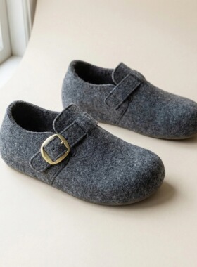 勃肯鞋加绒女「3cm毛呢羊羔绒」全包毛绒保暖灰色松弛感冬雪地靴