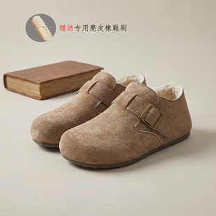 加绒书房棉鞋 冬季 外穿女 冬「3cm真皮羊羔绒」保暖新款 厚底勃肯鞋