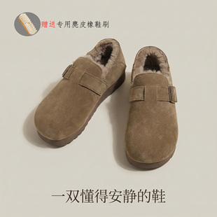 保暖全包知识分子风棉鞋 加绒勃肯鞋 女「3cm真皮雪花绒」扣带新款