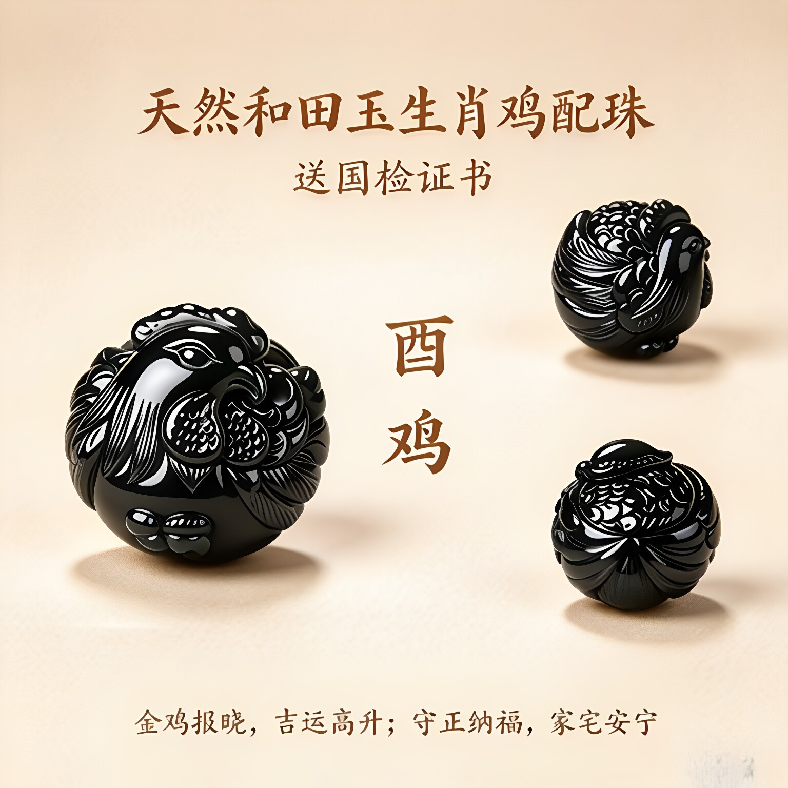 和田玉黑青墨玉色十二生肖鸡三六合散手串珠本命年生肖diy配件珠