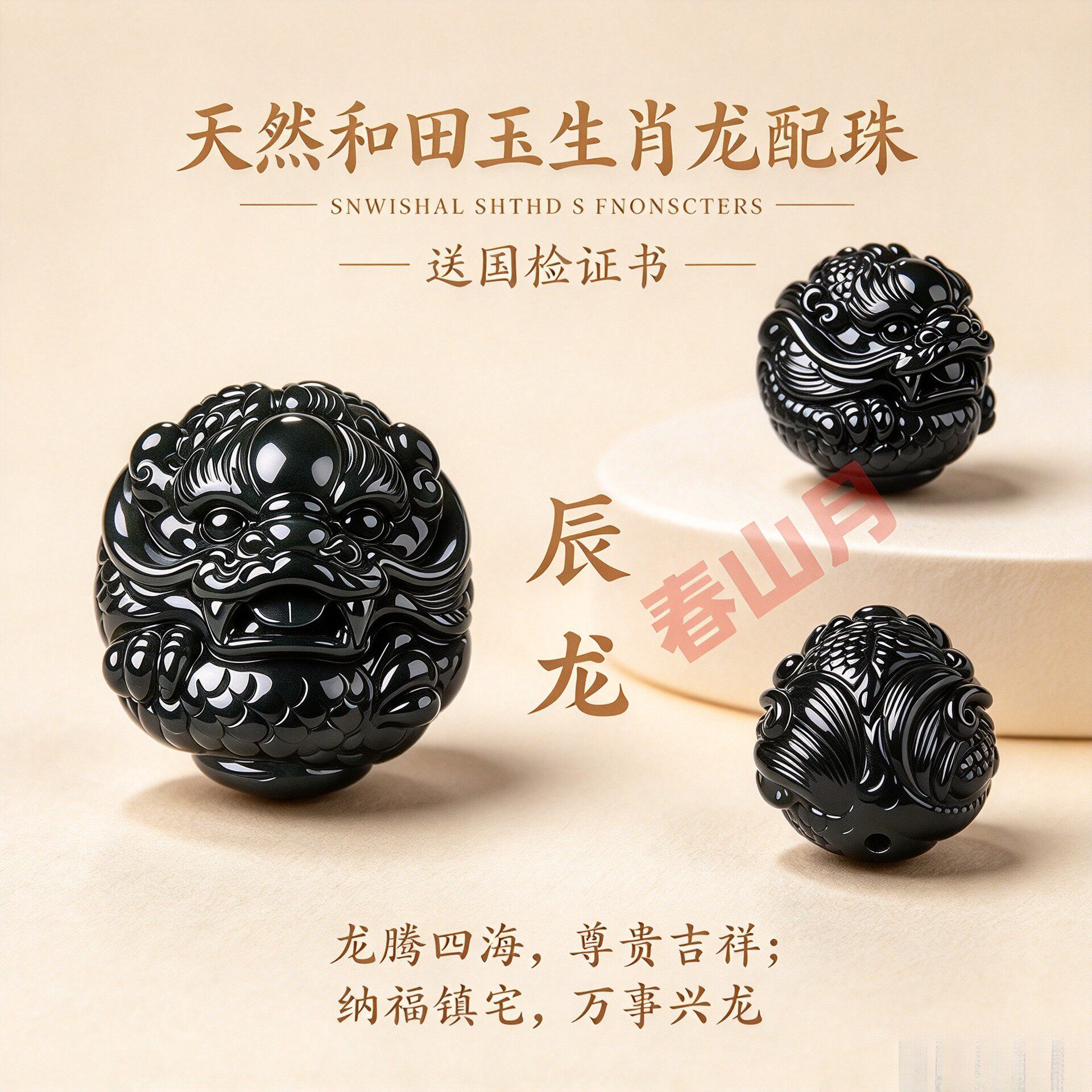 和田玉黑青墨玉色十二生肖龙三六合散手串珠本命年生肖diy配件珠
