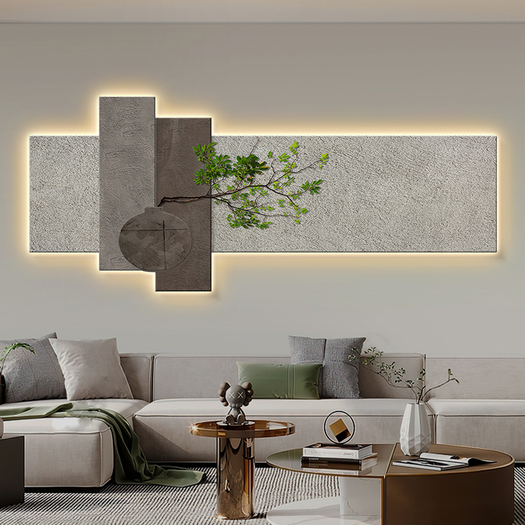 现代轻奢客厅装饰画侘寂风沙发背景墙挂画绿植led灯画大气发光画