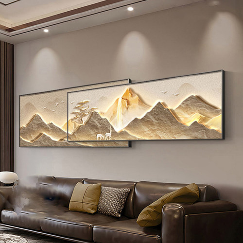 现代轻奢客厅装饰画背有靠山沙发背景墙挂画高级感大气山水画壁画