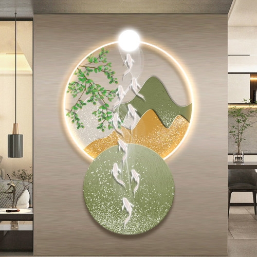九鱼图led灯轻奢入户玄关装饰画挂画壁画简约现代竖版走廊带灯画