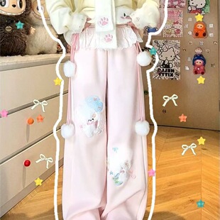 日系软妹小狗毛球长裤子女大童秋冬季拼接加绒直筒宽松显瘦休闲裤