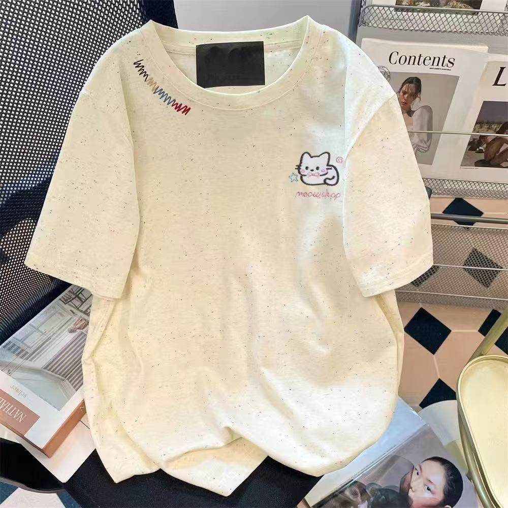 奶杏色彩点刺绣小猫短袖t恤女夏季新款宽松圆领甜美可爱女生上衣