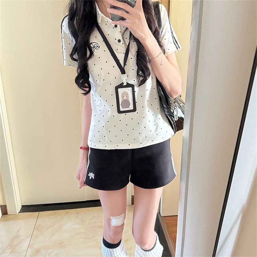 日系波点POLO衫小众设计感短袖女翻领上衣休闲短裤软妹体操服套装