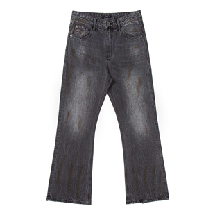 OKINE 男 铁锈迹擦脏磨破Dirtyfit做旧水洗Bootcut微喇显瘦牛仔裤