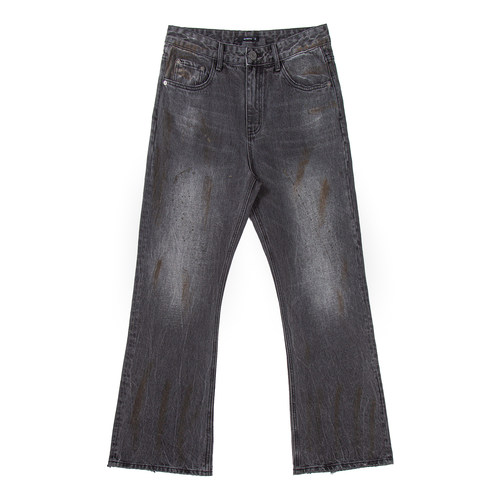 OKINE/铁锈迹擦脏磨破Dirtyfit做旧水洗Bootcut微喇显瘦牛仔裤男