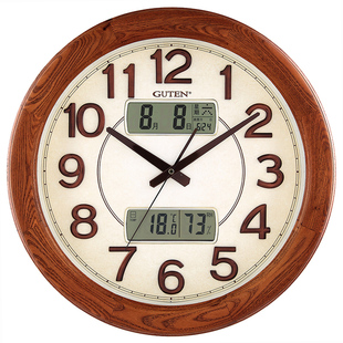 Guten挂钟实木复古餐客厅壁挂表高档金钟宝新中式 日历液晶屏挂表