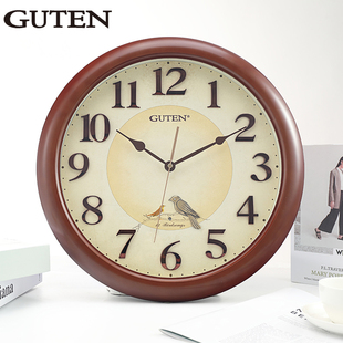 圆形仿木挂钟鸟叫报时光控石英家用壁挂式 摆件客厅挂钟 客厅新中式