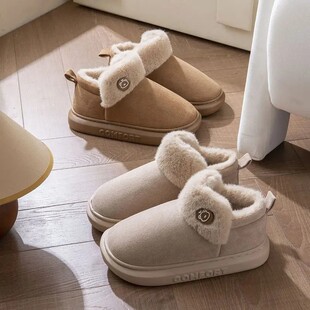 高帮毛棉拖鞋男女包跟秋冬季情侣室内有带后跟棉鞋厚底居家用保暖