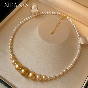 白蝶皇后珍珠项链女爆款人造澳白金珠混彩渐变微笑s925银锁骨颈链