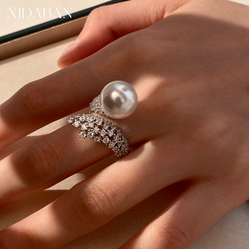 人造澳白珍珠戒指爆闪锆石通体银