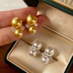 正圆极光澳白戴妃款微镶锆双珠耳环轻奢高级感南洋金大小珠耳钉女