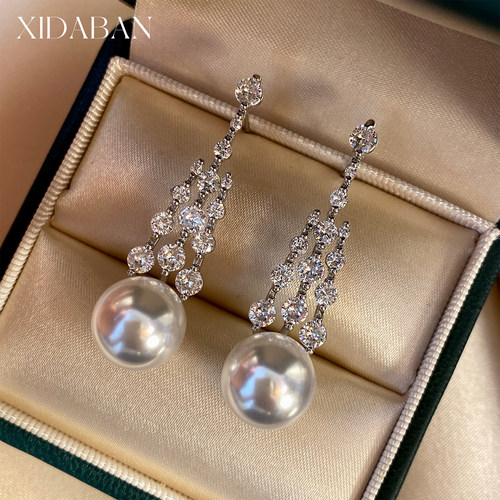 西大班长款镶锆爆闪流苏珍珠耳环