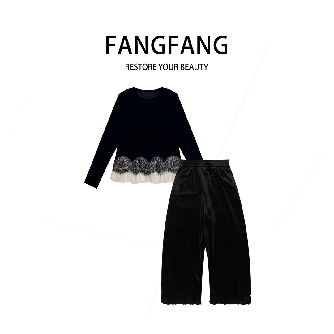 静奢风极简风轻职风时尚套装女装蕾丝时尚丝绒上衣+工作室原创F.F