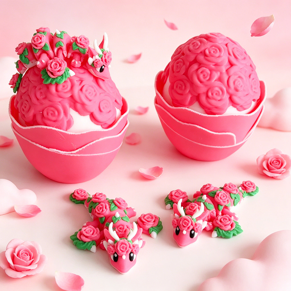 3D打印可爱呆萌玫瑰花龙+龙蛋摆件模型的塑料创意桌面装饰摆件