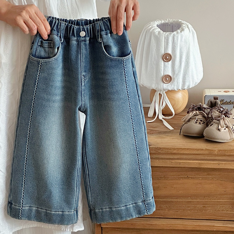 休闲百搭女童加绒牛仔裤柔软直筒水洗牛仔长裤秋冬裤子韩版2025