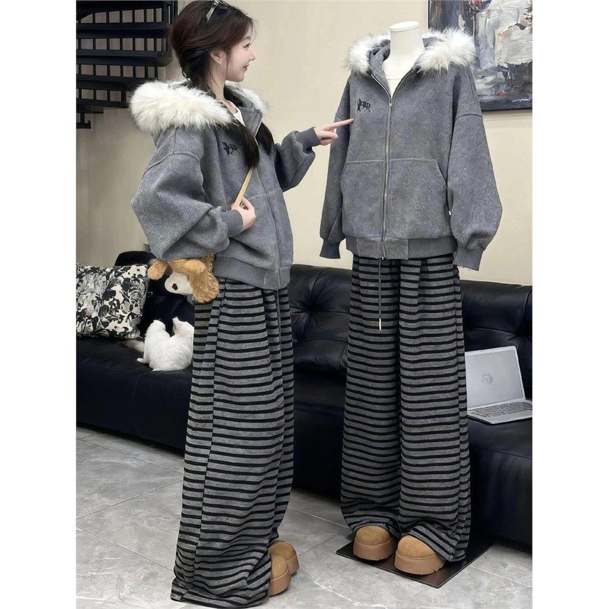 美式覆古毛领毛呢外套女2025秋冬新款慵懒感加厚宽松连帽灰色卫衣