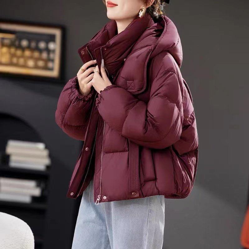 安可拉红短版羽绒衣女冬季2025新款小个子时尚90白鸭绒面包服外套