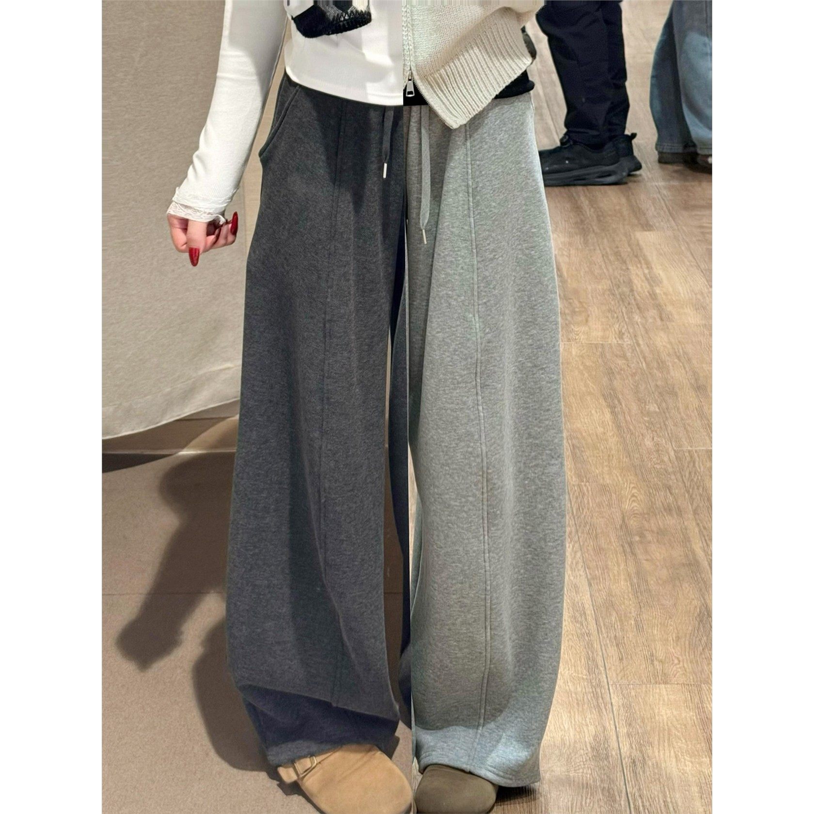 浅灰色韩系垂感弯刀裤女秋冬季新款高腰显瘦阔腿裤加绒直筒运动裤,女装/女士精品,卫裤,淘宝优惠券,粉丝福利购,淘宝优惠卷