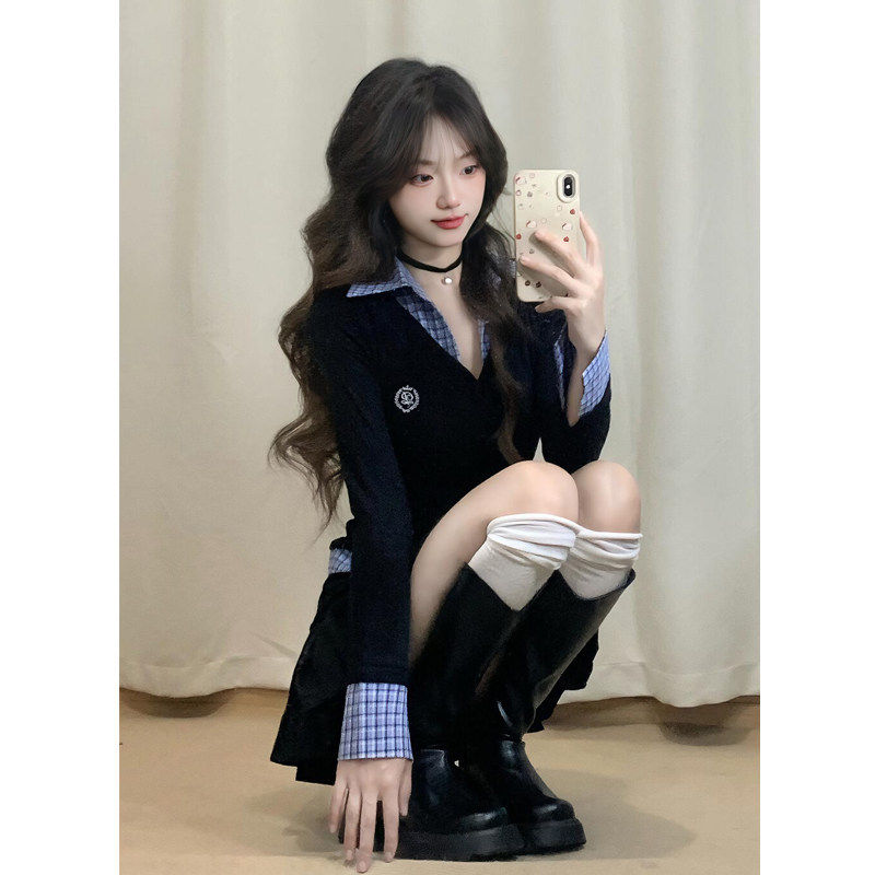 拼接polo领长袖T恤女春秋学院风洋派穿搭针织衫百褶短裙两件式套,女装/女士精品,时尚套装,淘宝优惠券,粉丝福利购,淘宝优惠卷