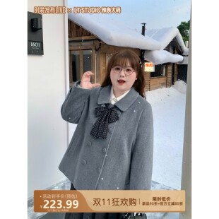 【新品95折+官方立减85折】撞色波点蝴蝶结短毛呢外套大衣