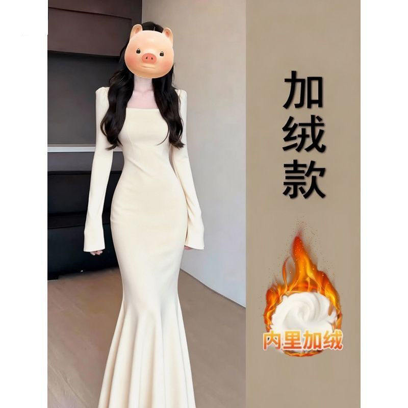 奶杏色步步生莲鱼尾连衣裙女包臀裙梨形伯克利秋冬大衣内搭长裙子