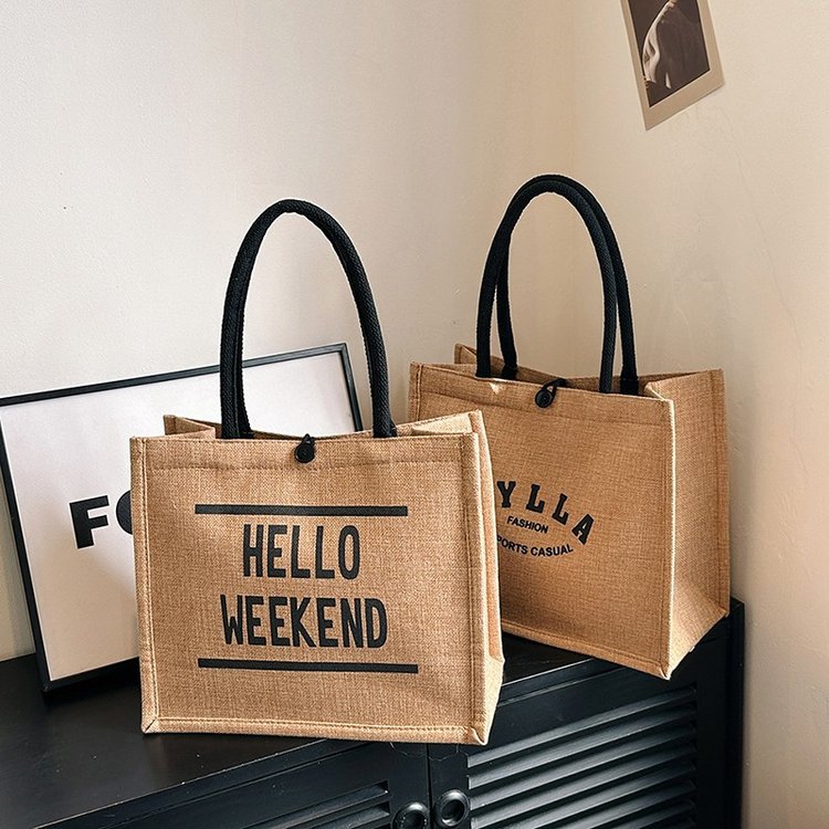 热卖大容量亚麻布包包女时尚亚麻手提包学生补课袋简约托特包女