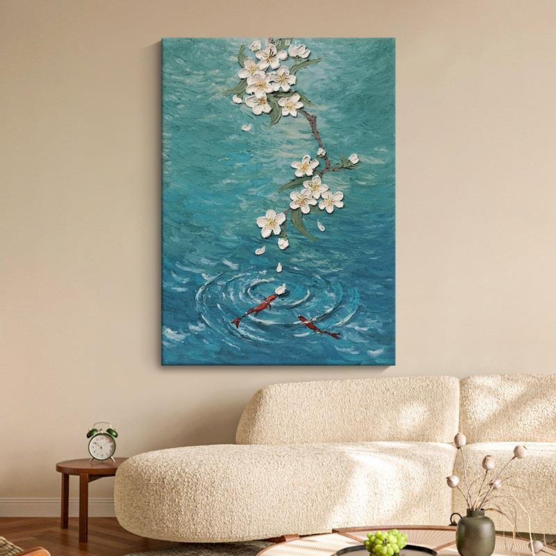 网红桃花潭水手绘油画立体花卉锦鲤玄关装饰画客厅植物肌理莫兰迪图片