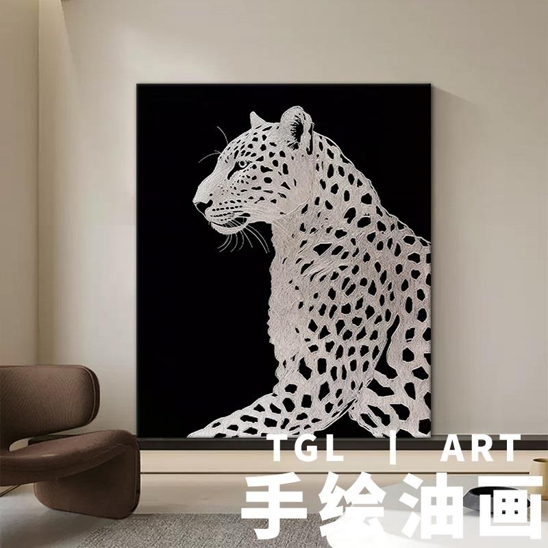 网红大芬村简美猎豹手绘油画黑白豹子客厅装饰画立体肌理动物玄关图片