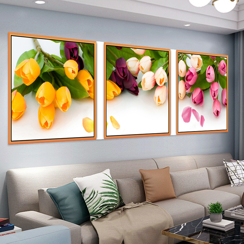 新中式客厅装饰自粘画沙发背景鲜花水果三联画贴纸温馨卧室挂画图片