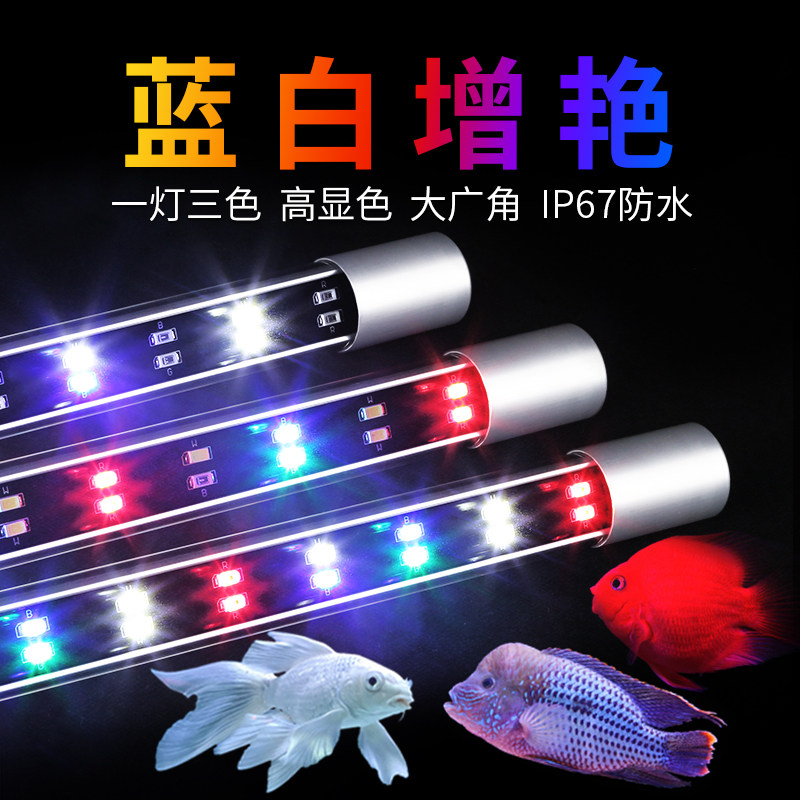 鱼缸灯led灯防水照明水族箱专用观赏三色调光蓝白光增艳增色灯管